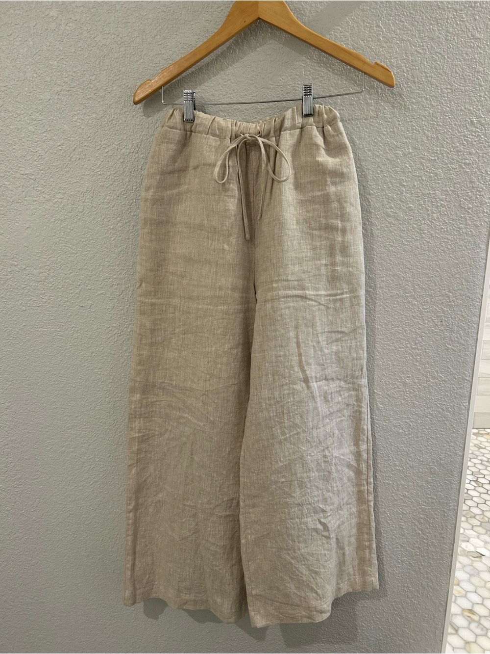 DISSH Linen Wide-Leg Drawstring Pants in Beige